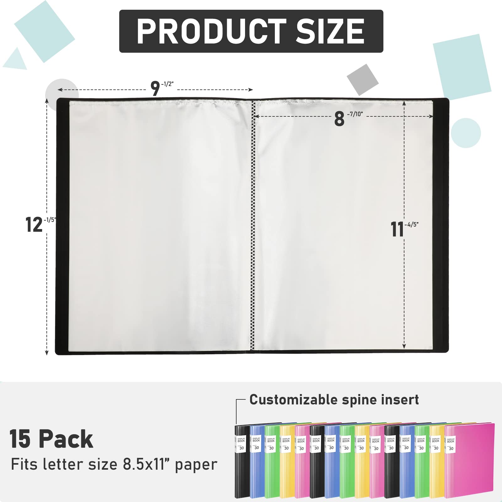 15 raccoglitori con maniche in plastica, 30 tasche, 60 pagine, 28 x 21,6 cm, resistenti cartelle per presentazioni e cartelle protettive, fogli trasparenti, raccoglitori per documenti (5 colori)