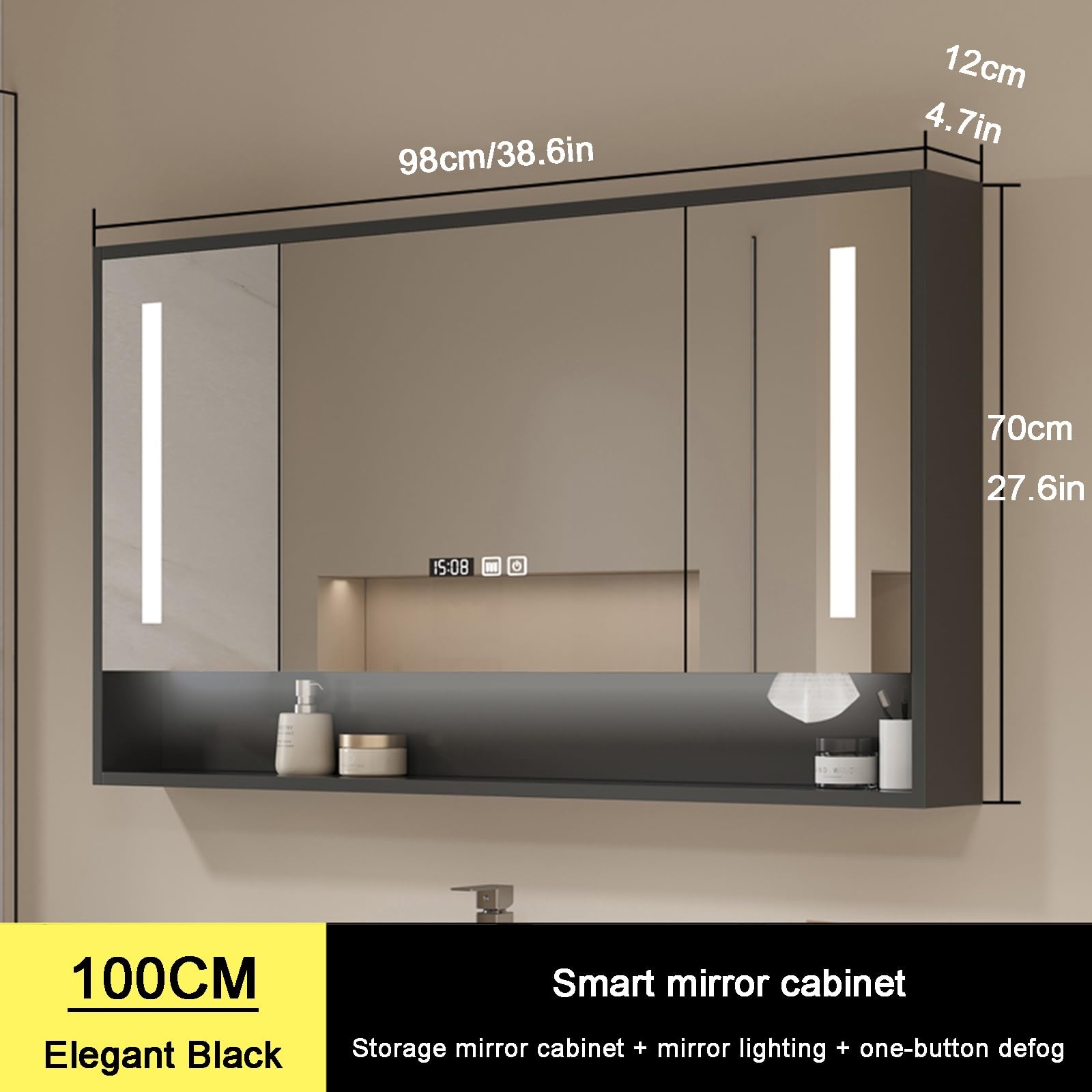 Armario con espejo de tocador iluminado con luz antivaho, luz de temperatura ajustable, almacenamiento con puerta, armario con espejo de baño (39.4 x 27.6 pulgadas)