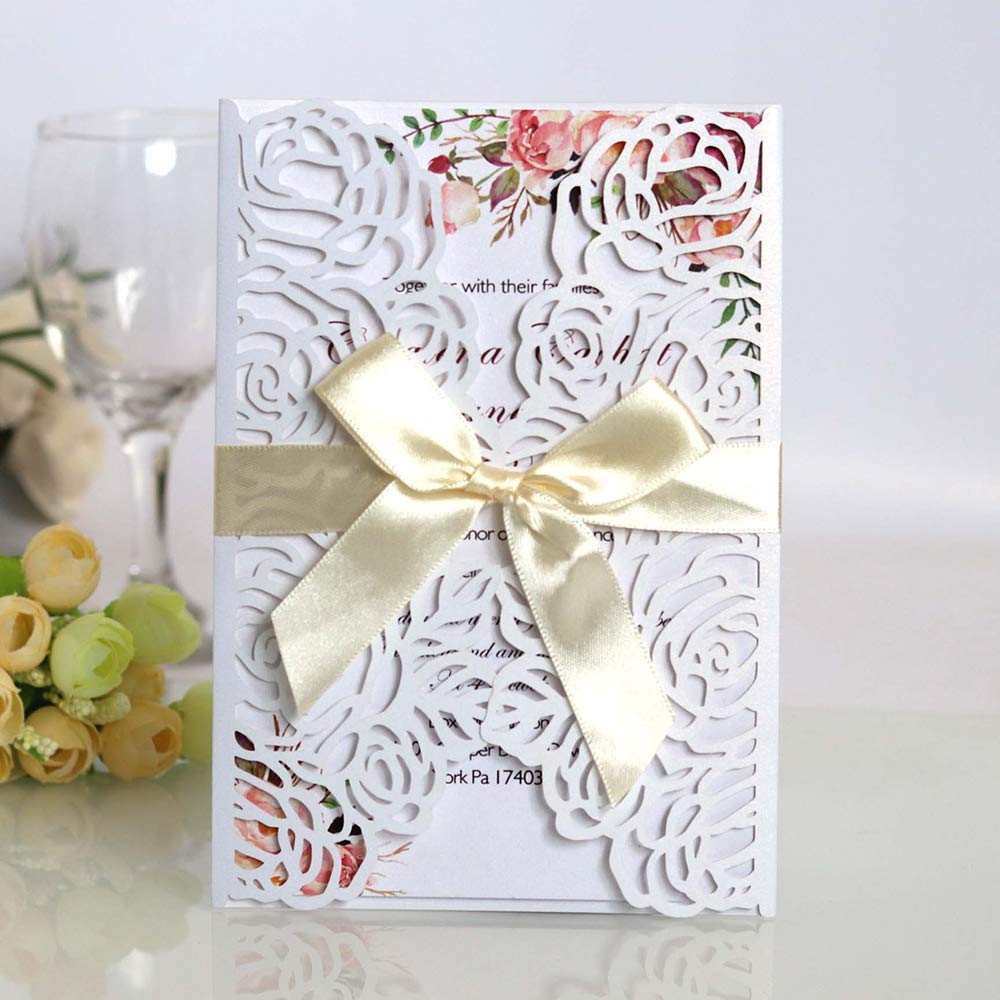 20 Cartes D'Invitation Mariage Avec Nœud Ruban Laser - Paillettes Champagne Or Pour Mariage, Anniversaire, Baby Shower