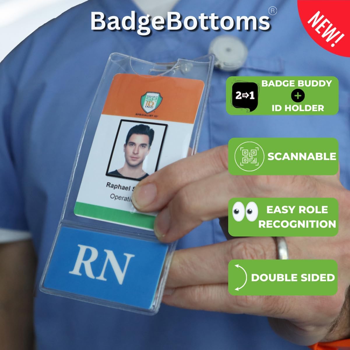 Bulk 20 Pack - RN BadgeBottom Vertical Badge Buddy & ID Holder Combo - Heavy Duty 2 in 1 Badge Bottom I’D Protector Nursing Accessories - USA Printed Double Sided Card Sleeve by Specialist ID (Blue)