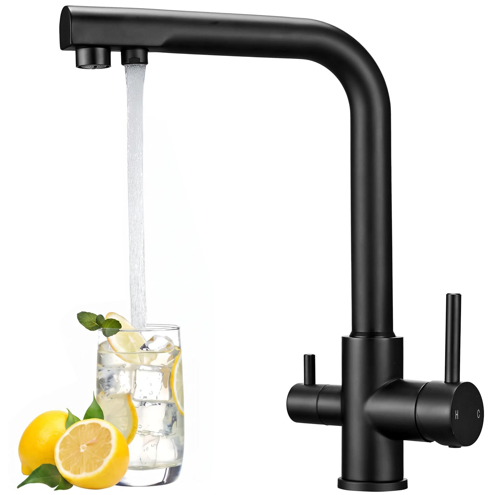 Hapilife 3 Way Kitchen Tap with Drinking Filtered Water Black Square Spout