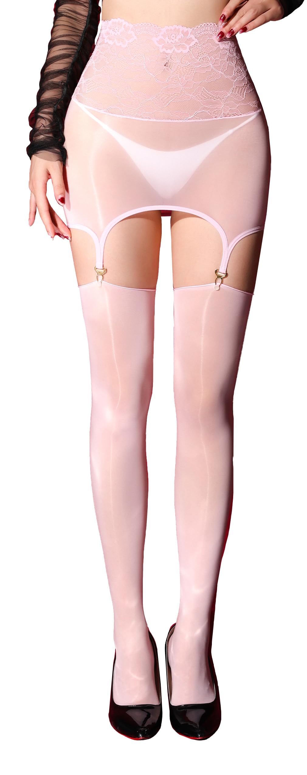Maeau Stockings Suspender Women Oily Shiny Pantyhose Lace High Waist Transparent Lingerie - pink