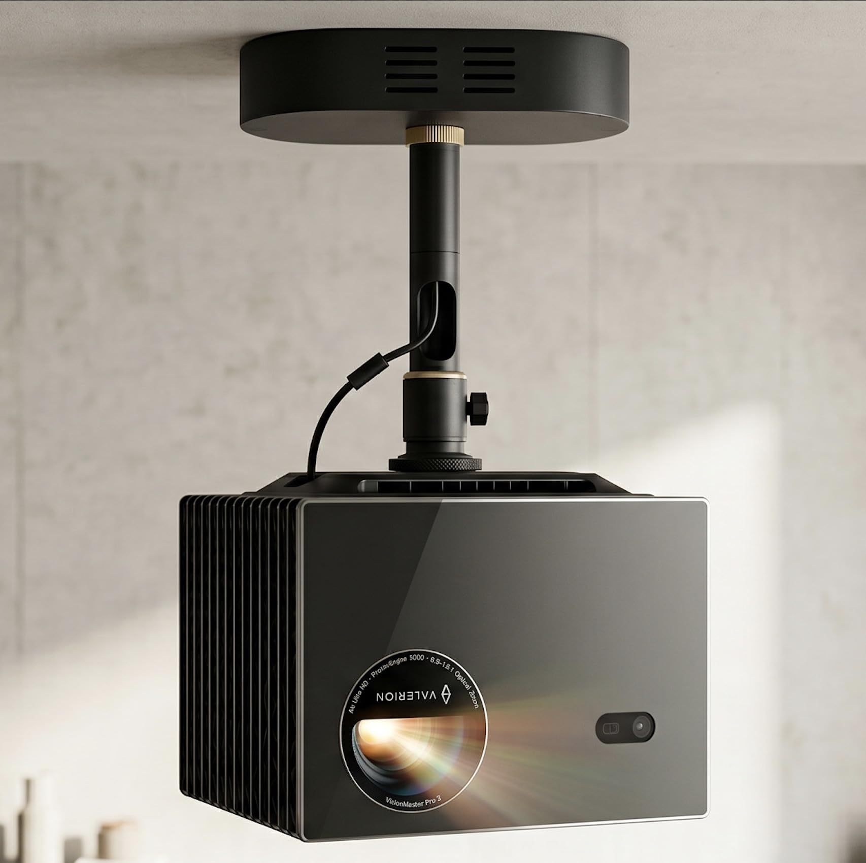 Support de plafond pour projecteur - Compartiment d'alimentation intégré, charge 10 kg, longueur réglable 18-48 cm, articulation semi-sphérique 360°, câble caché