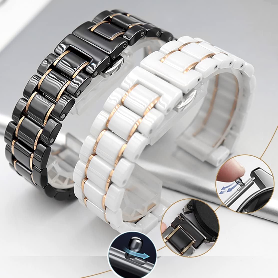 Ceramic Watch Band Universal strap with Quick Release Pins Butterfly Buckle Deployment Clasp Bracelet 14mm 16mm 18mm 20mm 22mm White Black