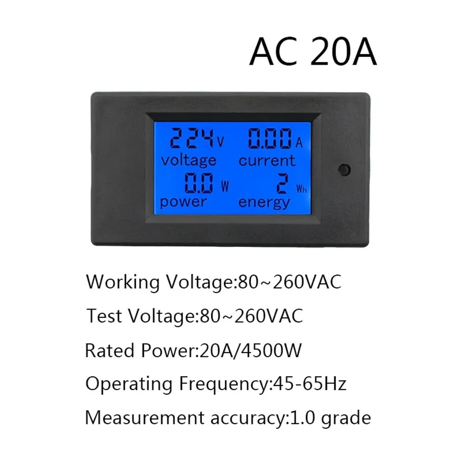 20A 100A AC 80-260V DC 6.5-100V Digital LED Display Voltmeter Ammeter Wattmeter Power Energy Meter 12V 24V 110V 220V Volt Tester(AC 20A Meter)