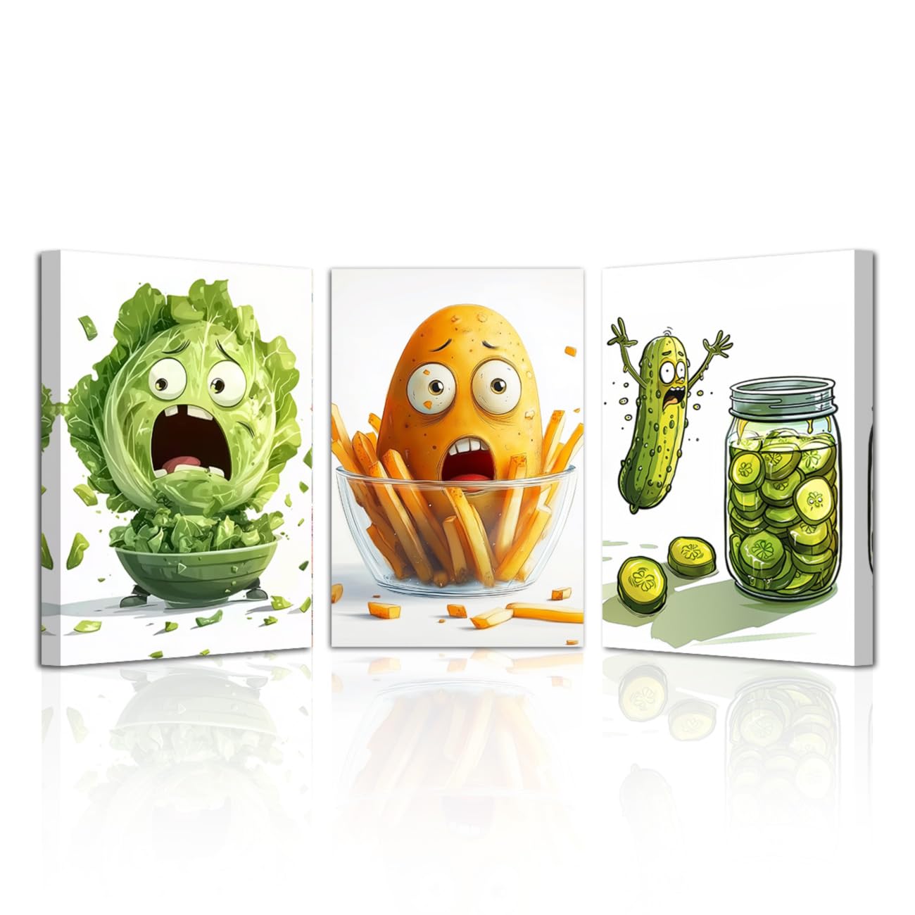 LZIMU Funny Kitchen Wall Art Picture Frame 3 Pieces Whimsical Pickle Canvas Prints Humorous Vegetable Food Paintings for Restaurant Dining Room Decor (White, 11x14inchx3 Pieces)