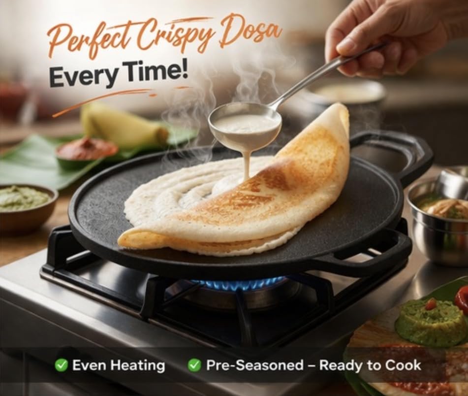 Image of Dosa Tawa & Grill Cast Iron 2-in-1 | Double-Sided Tawa /Pan for Roti, Dosa, Chapati, Fish & Steak | Naturally Nonstick, Gas & Induction Cookware | Reversible Cooking