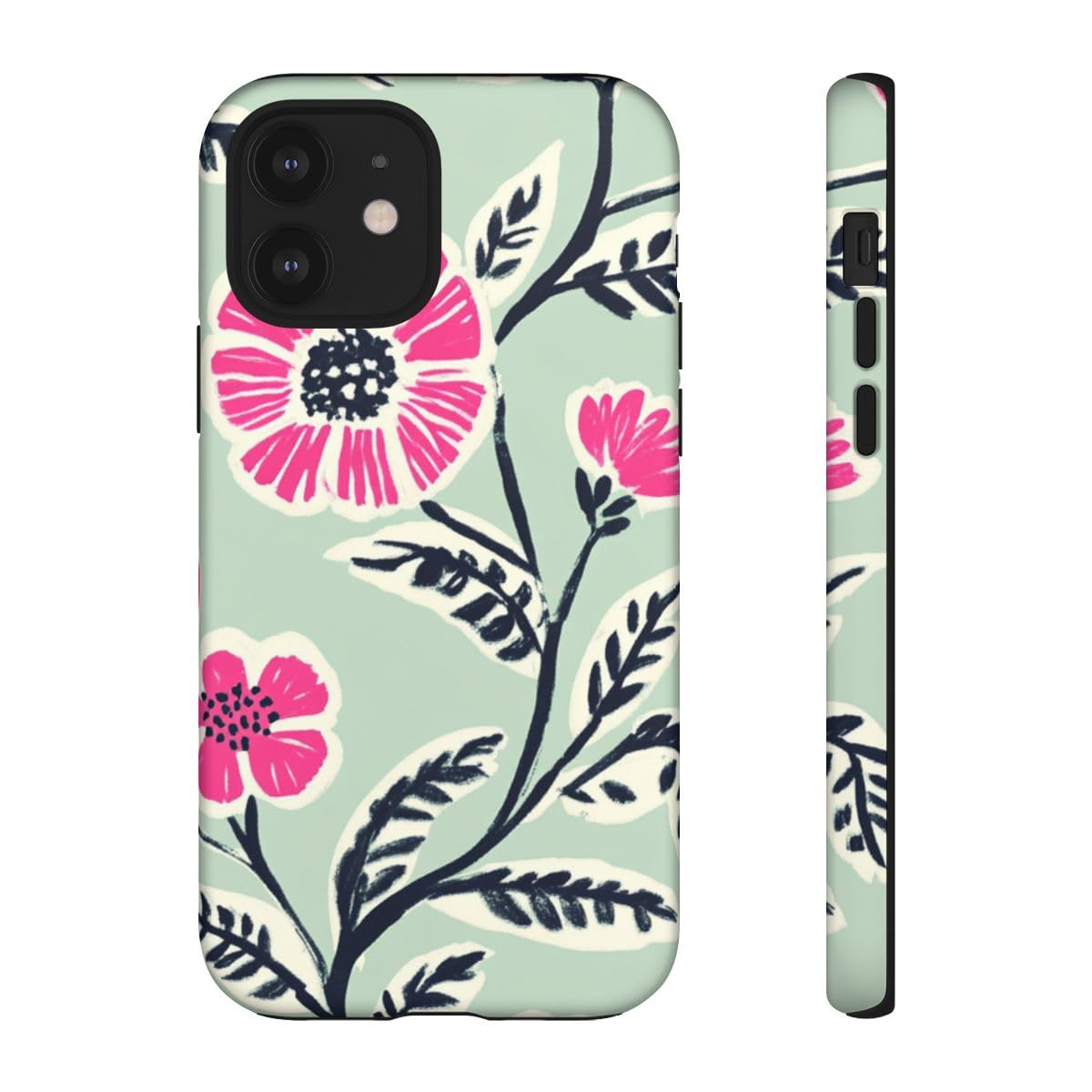 Coque iPhone 12 motif floral rose et menthe rigide mate - 2