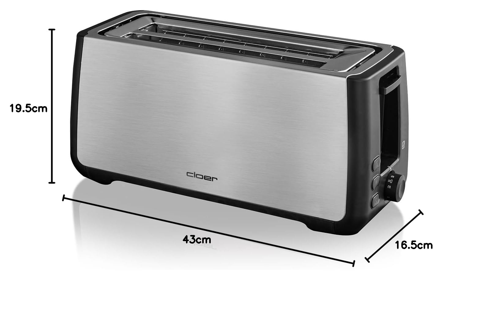 Cloer 3579 King-Size-Tostadora para 4 XXL tostadas, control de tostadas, 1500 vatios, Caja de acero inoxidable con plástico negro elementos