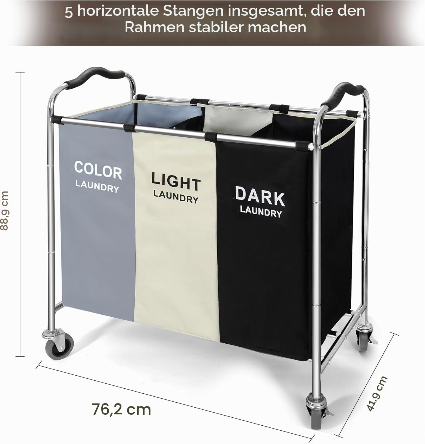 Wäschesortierer Mit Rollen - 240L Wäschekorb Mit Herausnehmbaren Tragetaschen - 3-Fach-Wäschewagen Mit Feststellbaren Rollen - Premium Zusammenklappbarer Wäschekorb Für Deutsche Haushalte (Weiß)