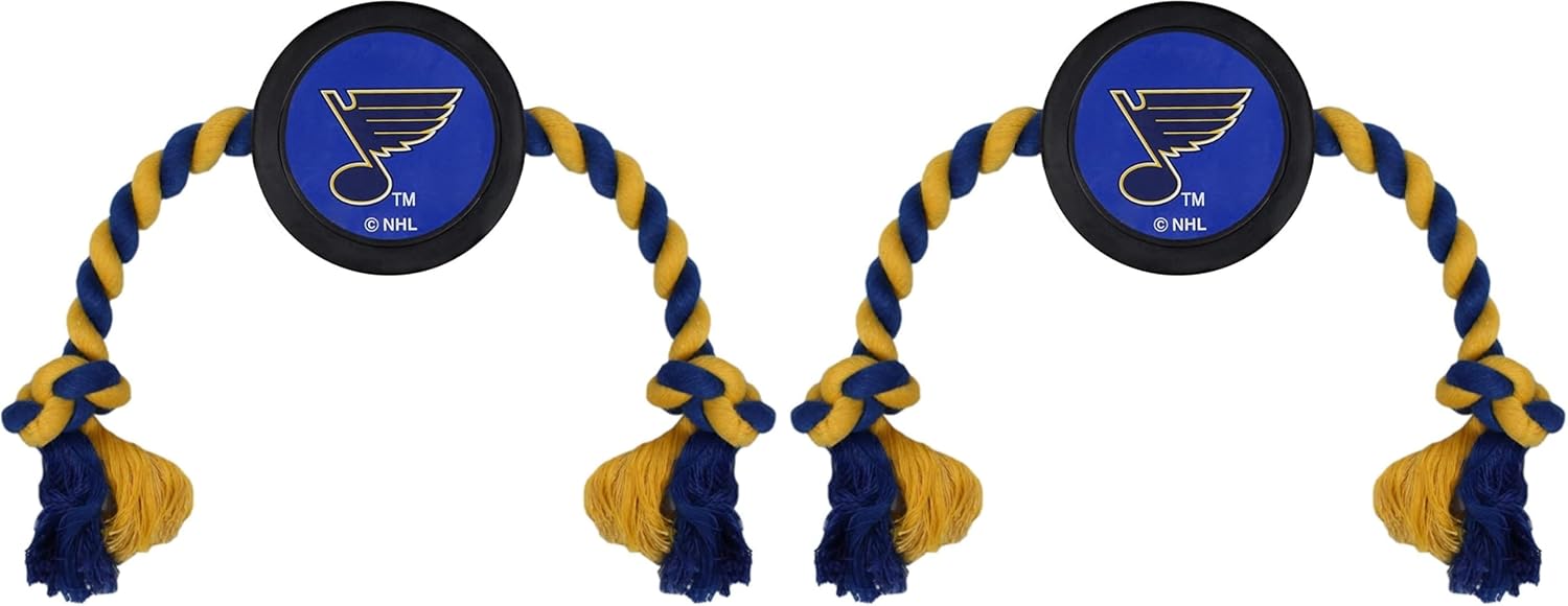 Pets First Dog Rubber Toy Tough Rubber with Heavy-Duty Dog Rope Tug Toy. NHL St. Louis Blues Puck Toy for Dogs & Cats. Play Hockey with Your Pet with This Licensed Dog Puck Rubber Cool Toy!