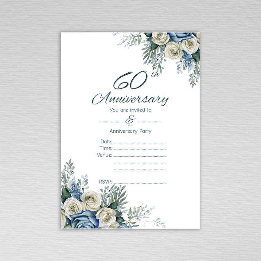Webspectations Pack of 60th Wedding Anniversary Invitations: Dusty Blue Rose 60th Anniversary Invites (Pack of 20 without Envelopes)