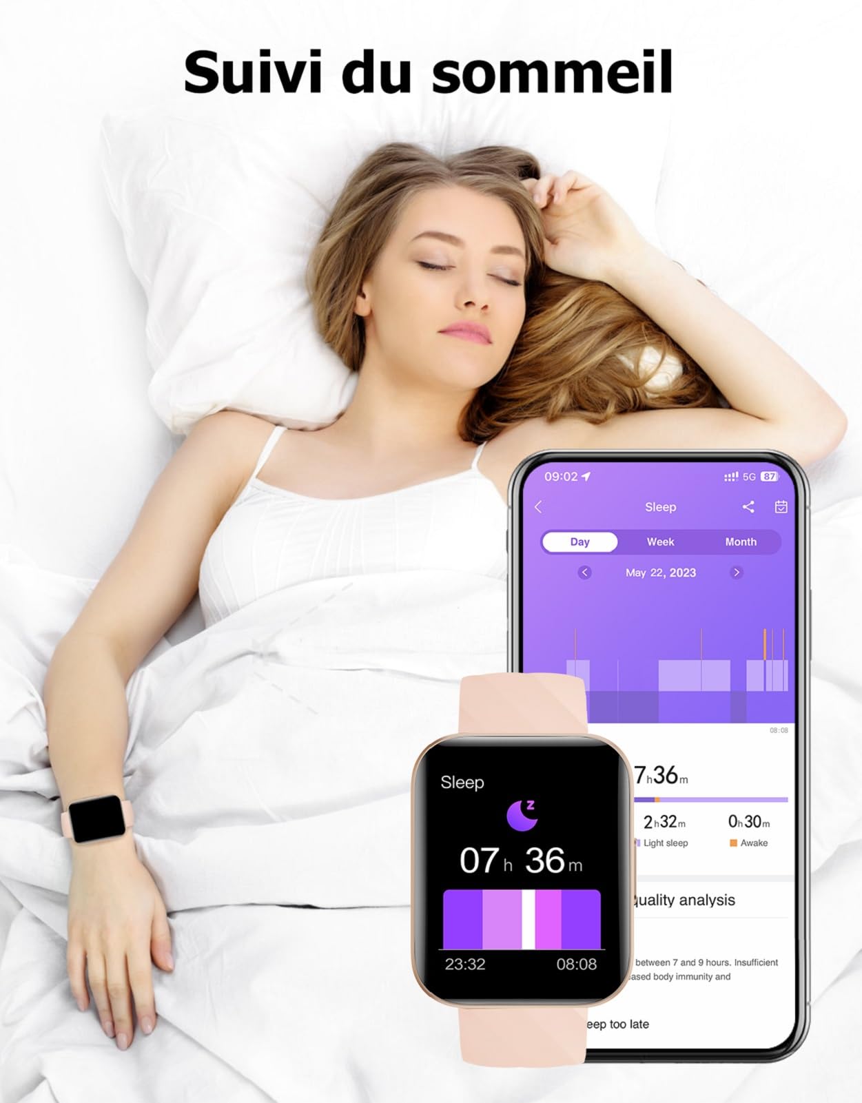 Montre Connectée Femme Appel Bluetooth Podometre Cardiofrequencemetre Oxymetre Montre Sport Etanche IP68 Cycle Menstruel Suivi Sommeil Calories Notification pour Samsung iPhone Xiaomi Android iOS Rose