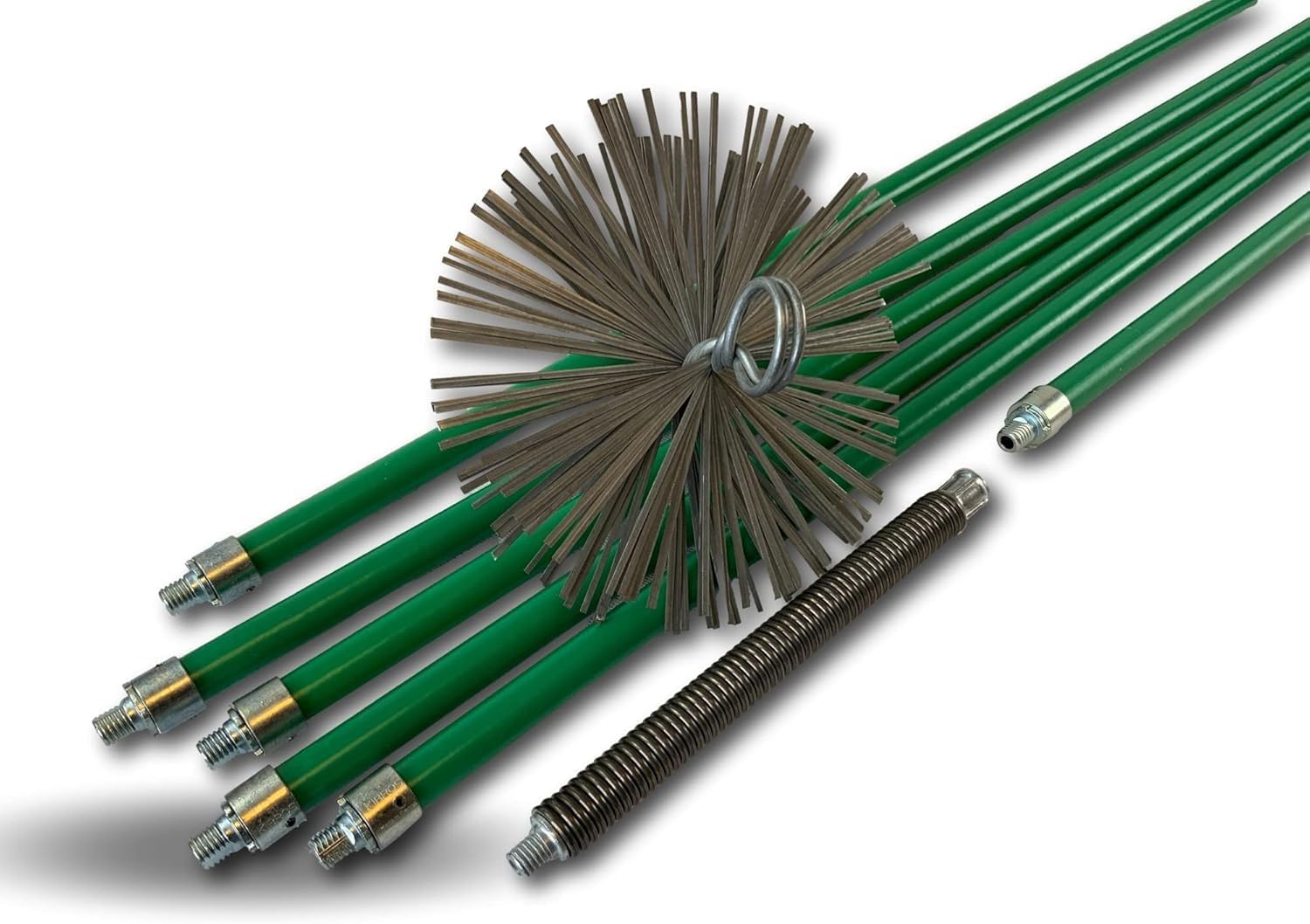 Kit Profesional de Limpieza para conductos no revestidos | Cepillo de Acero | Ø 150 mm | 8 m con 6 Varillas Verdes autobloqueantes Ø 18 mm Huecas | Resorte de Inicio | Chimeneas | Kibros 5KIT15ACO