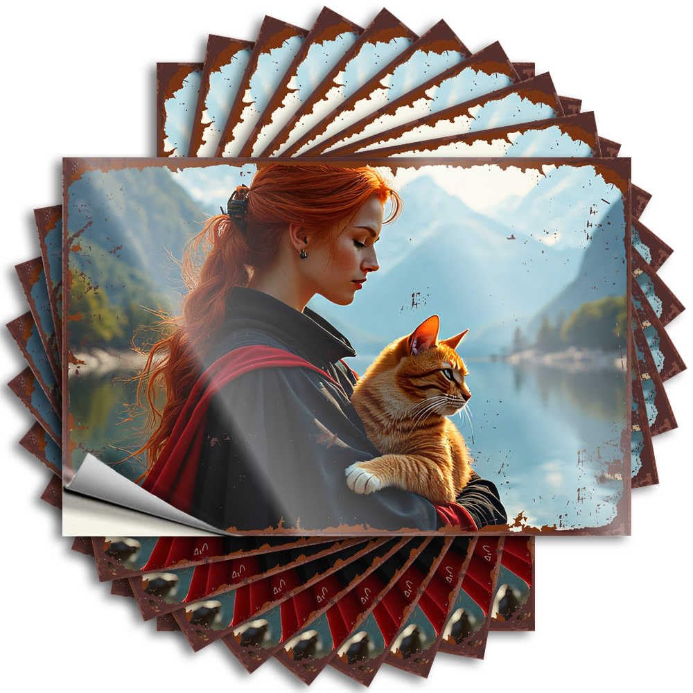 Great, Sticker Laptop Redhead Warrior with Tabby Cat By The Lake | Things Lake House Decorations(12X18CM)