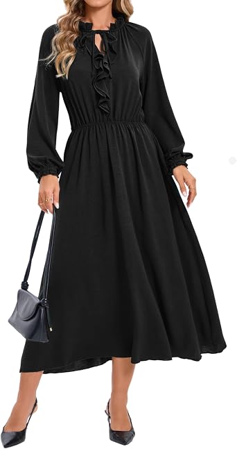 Womens Casual Long Sleeve Fall Midi Flowy Empire Elastic Waist Dresses with Pockets