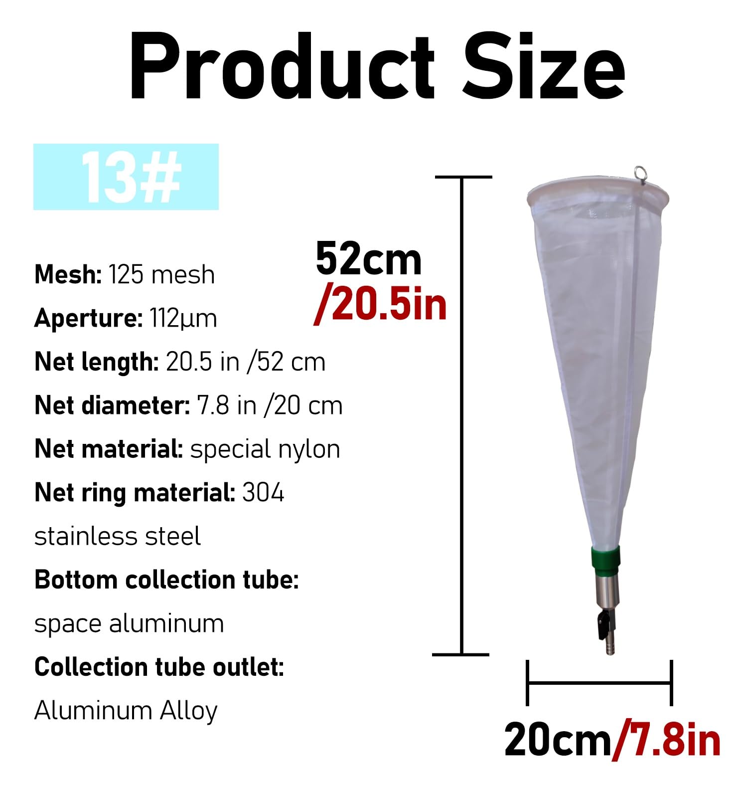 ERRULAN 13# Plankton Collection Net- 19.7in Long, 7.9in in Diameter, 112 Micron Plankton Netting, 125 Mesh Thickened Experimental Nylon for Collecting Phytoplankton, Protozoa and Rotifers(200Mesh)