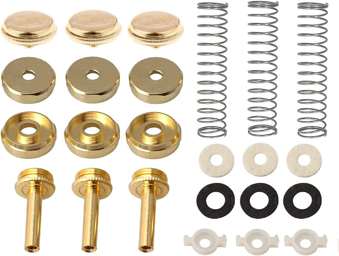 Trumpet Valve Sytem Replacement Parts include Trumpets Finger Buttons Valve Cap Piston Guides Spring Felt Washer Musical Instruments Accessories Set of 24pcs Gold