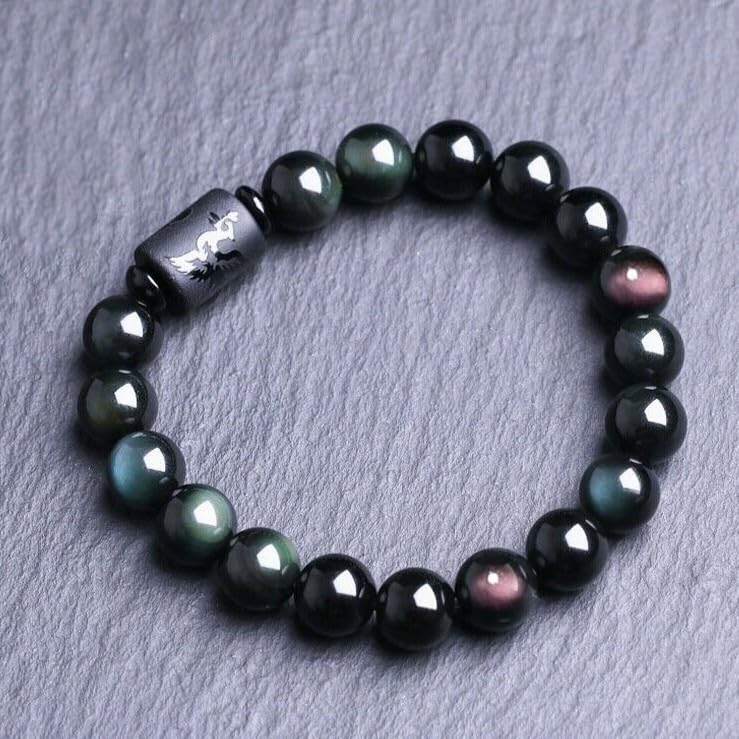 Rainbow Obsidian 8mm Beaded Phoenix Symbol Healing Strength Gemstone Men Women Bracelet - Image 5