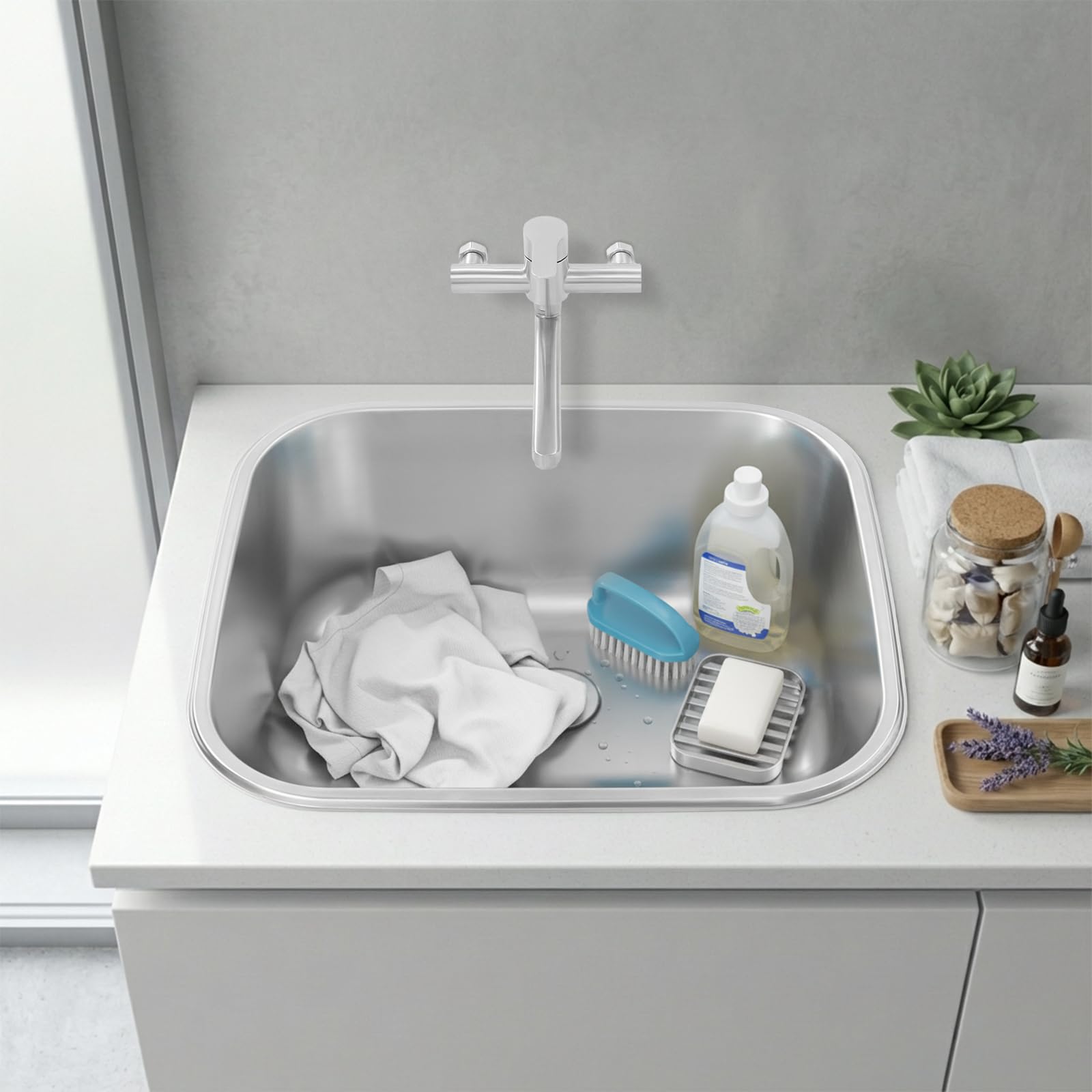 Lavello da cucina in acciaio inox con rubinetto, lavello con mensola, grande lavello da cucina da 30 l, lavello da incasso per lavanderia, balcone, cucina