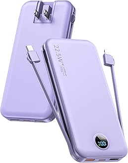 Portable Charger, 12000mAh 22.5W USB C Fast Charging Power Bank with Built-in Cables and AC Wall Plug, Smart LED Display Travel Essentials Battery Pack Compatible with iPhone, iPad, Samsung etc Purple