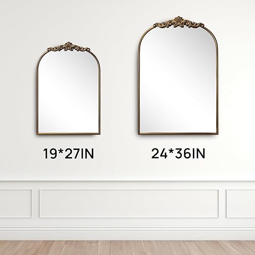 Miniatura 2 de Espejo dorado vintage barroco adornado, espejo arqueado de latón antiguo de 24 x 36 pulgadas con marco de metal completo, perfecto para entrada,