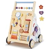 Wooden Baby Walker, Baby Push Walker, Montessori Walker Toy for Babies 12M+ Learning to Walk & Sit-to-Stand, Adjustable Speed Walkers for Boys, Baby Activity Center with Sensory Toy for Girls