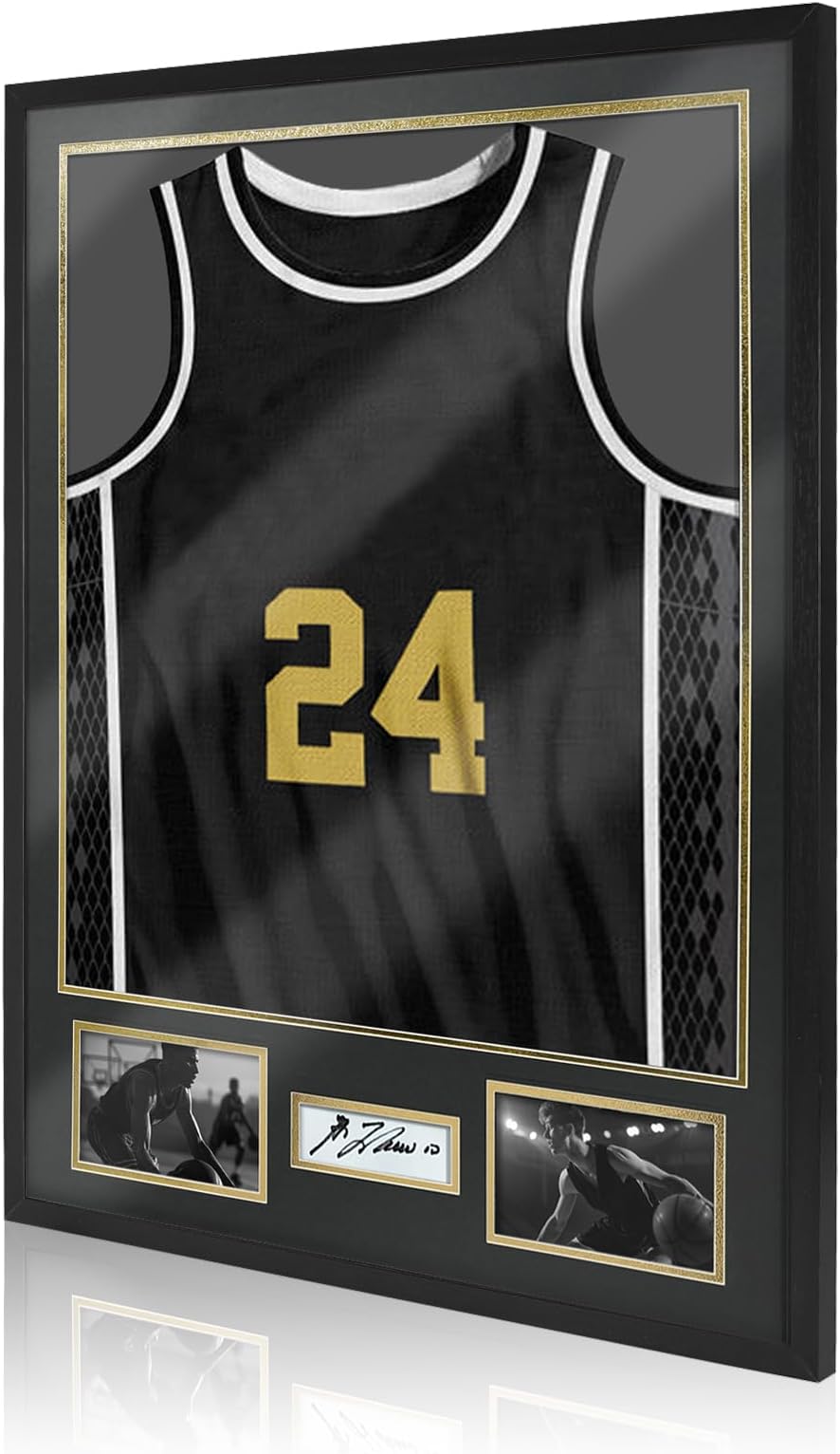 Jersey Frame Display Case for Football,Solid Wood Shadow Box with 98% UV Protection Acrylic,Two Photo Frame One Signature for Baseball, Basketball, Hockey, Uniforms - Black Walnut Finish