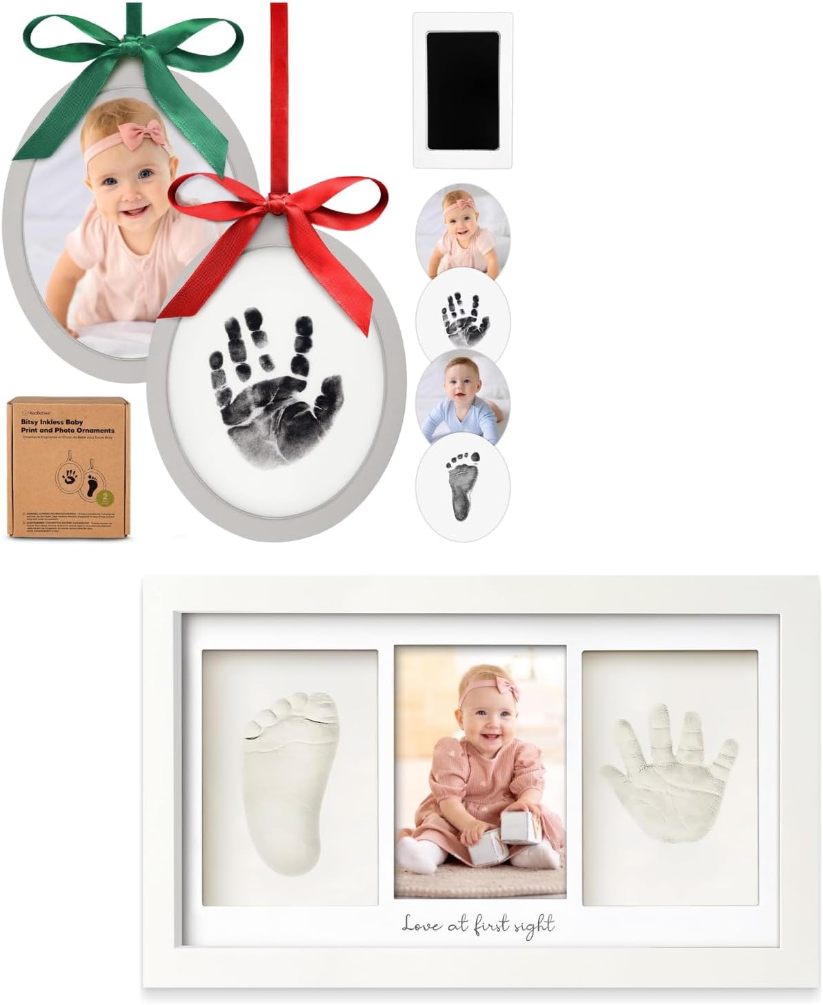KeaBabies Inkless Baby Hand and Footprint Ornament Kit and Baby Hand and Footprint Kit - Two-sides Baby Footprint Kit, Personalized Baby Gifts Photo Frame - Baby Prints Duo Photo Frame for Newborn