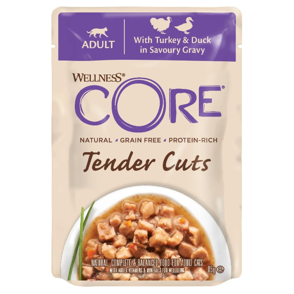 Wellness CORE Tender Cuts 6 x 85g, Multipack Poulet/Dinde/Canard – Tendre Morceaux pour Chats Adultes, sans Céréales, Naturelles, Hypoallergénique, Riche en protéines, À Haute Teneur en Viande,