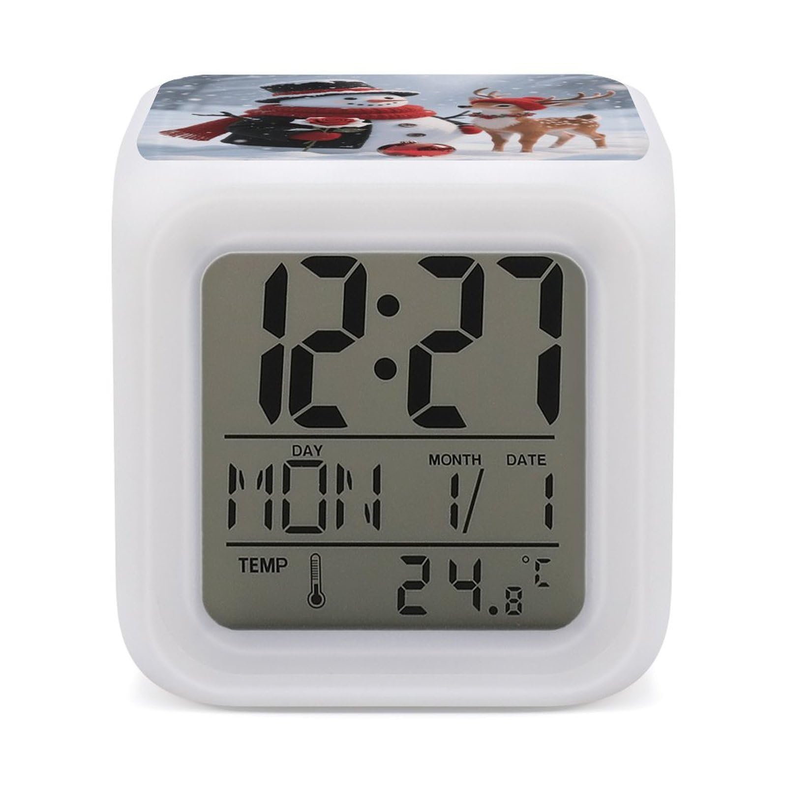 7 Color Ambient Night Light Cube Battery Operated Christmas Snowman And Reindeer Digital Clock with Snooze Temperature LED Digital Alarm Clocks Dimmable Wake Up Light Portable Mood Lamp for Bedroom De