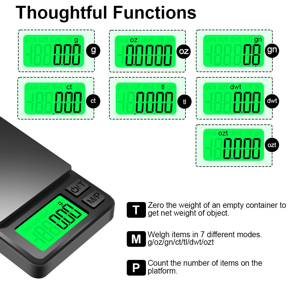 HOTUT Bilancia di Precisione 1000g/0.01g, Portatile Bilance per Gioielli, Digital Pro Pocket, con Display LCD e 7 Unità, Funzione Tara, per Cucina Cucinare, Caffè, Farmaci (2 Batterie Incluse)