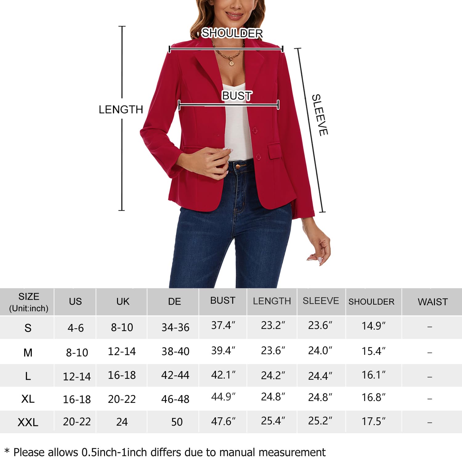 Blazer da donna con 2 bottoni, giacca blazer con risvolto dentellato casual classico a maniche lunghe abbigliamento da lavoro tasche con patta foderato sul davanti