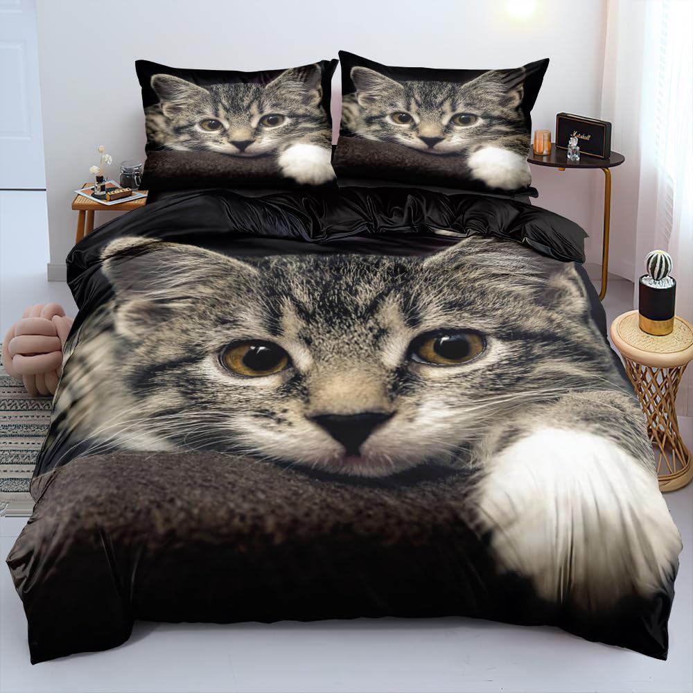 Luowei 3D Bettwäsche 135x200cm Bettwäsche Set 3D Katze Muster Weich Schwarz Mikrofaser Bettbezug mit Reißverschluss und Kissenbezug 80x80cm