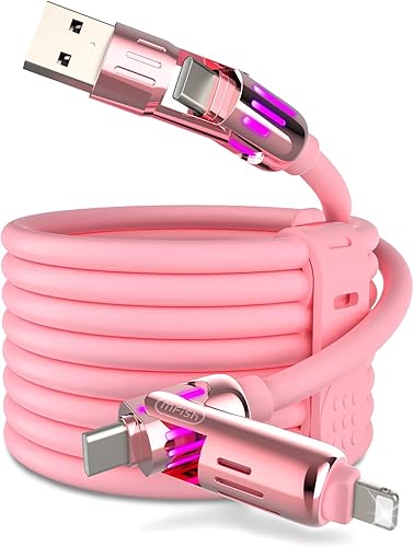 MFish Cable de carga USB universal 4 en 1 con funda de transporte  Cable de carga rápida máximo de 240 W, USB-A, doble USB-C e iluminación, para