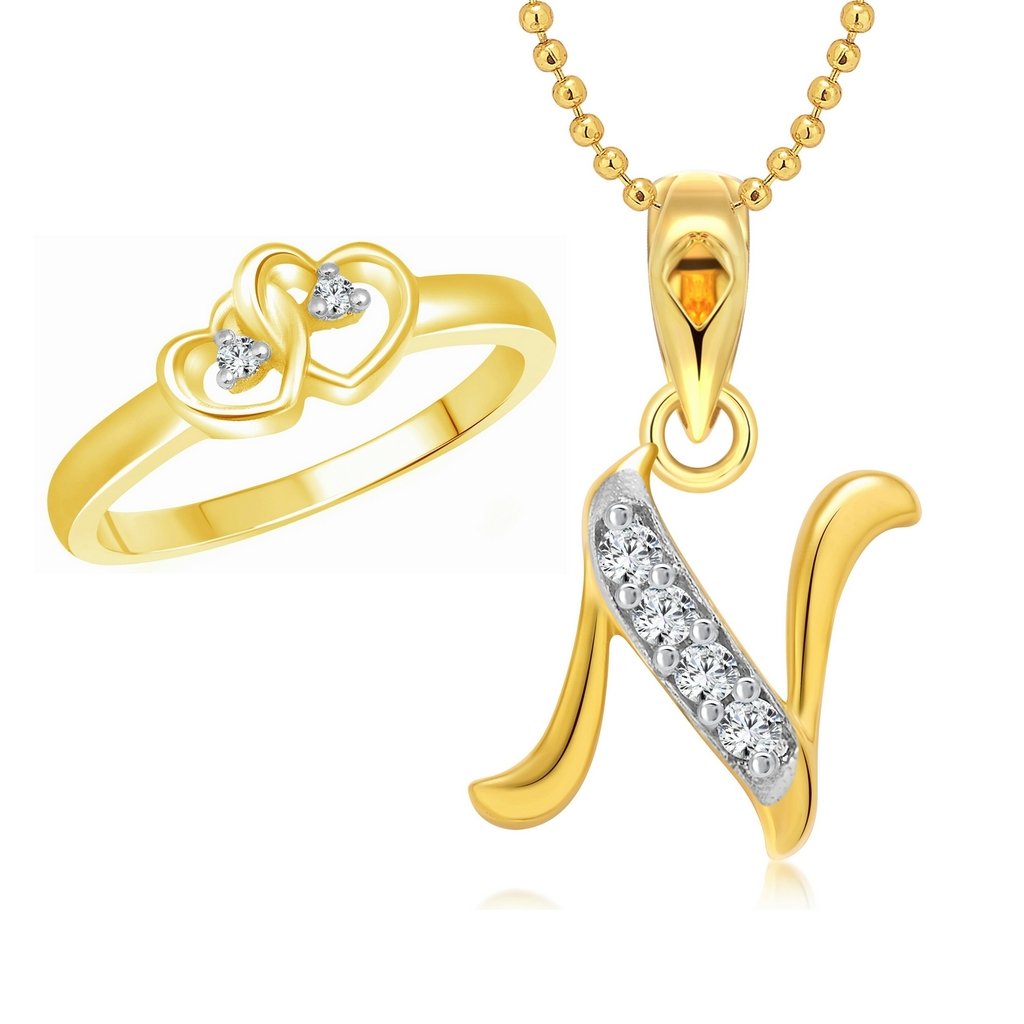 Vighnaharta valentine day gift valentineday gift for her gift for him gift for women gift for men Valentine gift Dual Heart Ring with Initial ''N'' Letter Pendant Gold and Rhodium Plated Jewellery Combo Set