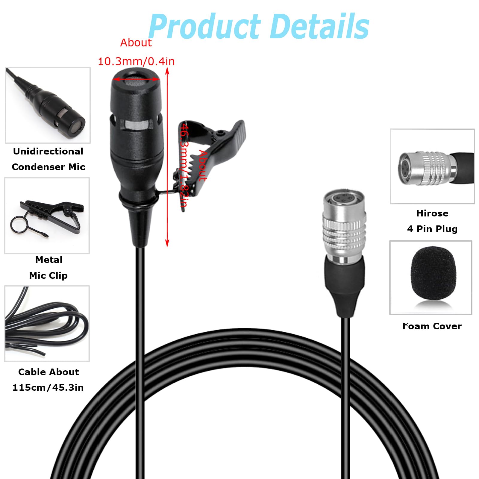 Micrófono de solapa negro compatible con Audio-Technica | Micrófono de condensador unidireccional súper cardioide para sistema de transmisor inalámbrico con enchufe Hirose de 4 pines