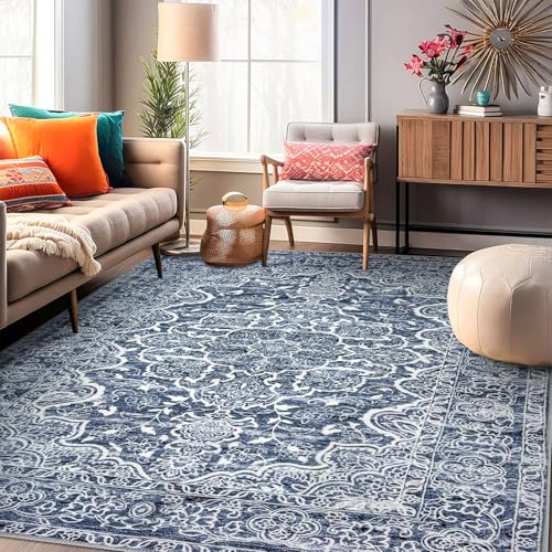 KUTA Blue White Vintage 8x10 Area Rugs for Living Room, Washable Large Rug for Bedroom 8ft x 10ft Non-Slip, Ultra Soft Printed Traditional Floral Medallion Distressed Dining Room Low-Pile Carpet