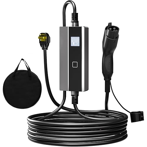 Portable Level 1 EV Charger, Electric Car Charging with 25ft Charging Cable, Home EV Charging Station for SAE-J1772 Charger, 16A Electric Vehicle Charging with NEMA 6-20, Current Adjustable