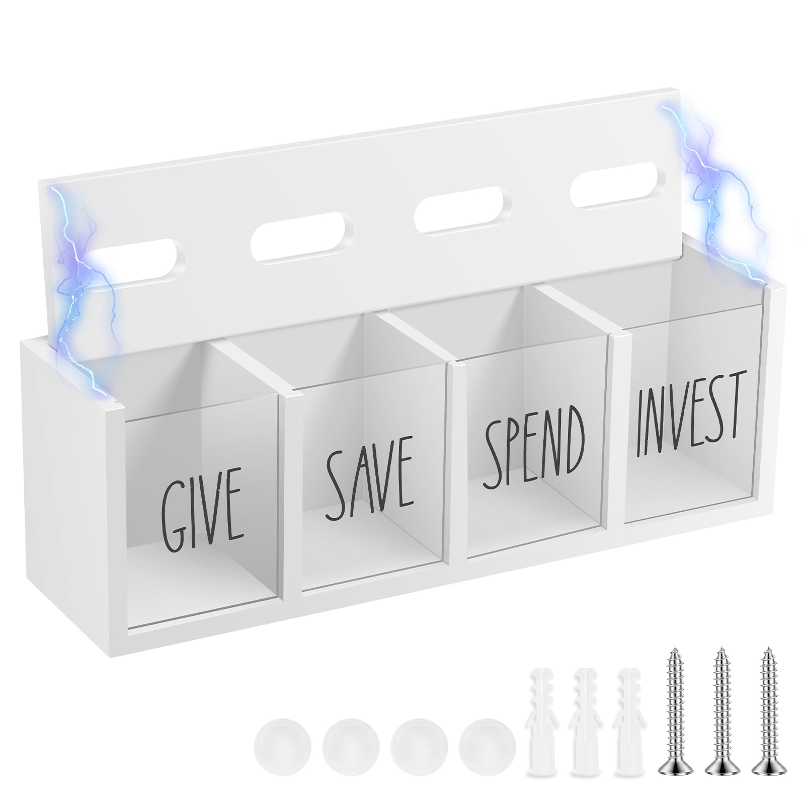 Wooden Money Tin Piggy Bank, Visualized Money Saving Bank, Give Save Spend Invest Money Saving Box, Countertop and Wall Mount for Living Room Laundry Room(White)