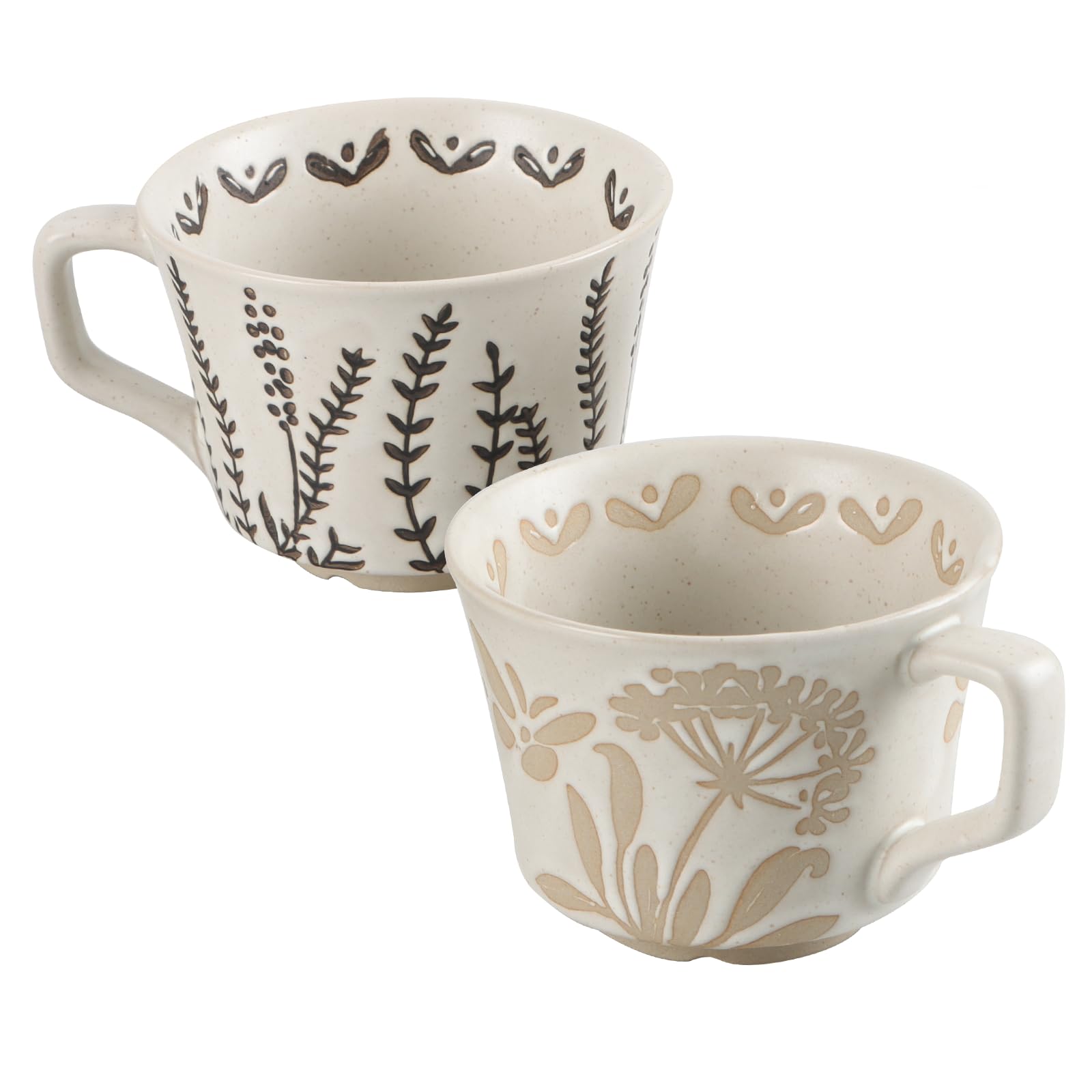 LINVIA Ceramic Coffee Mug, 12 oz Novelty Unique Teacup with Large Handle, Stoneware Cup for Tea Mocha Latte Cappuccino Espresso (Set of 2, Butterfly and Grass)