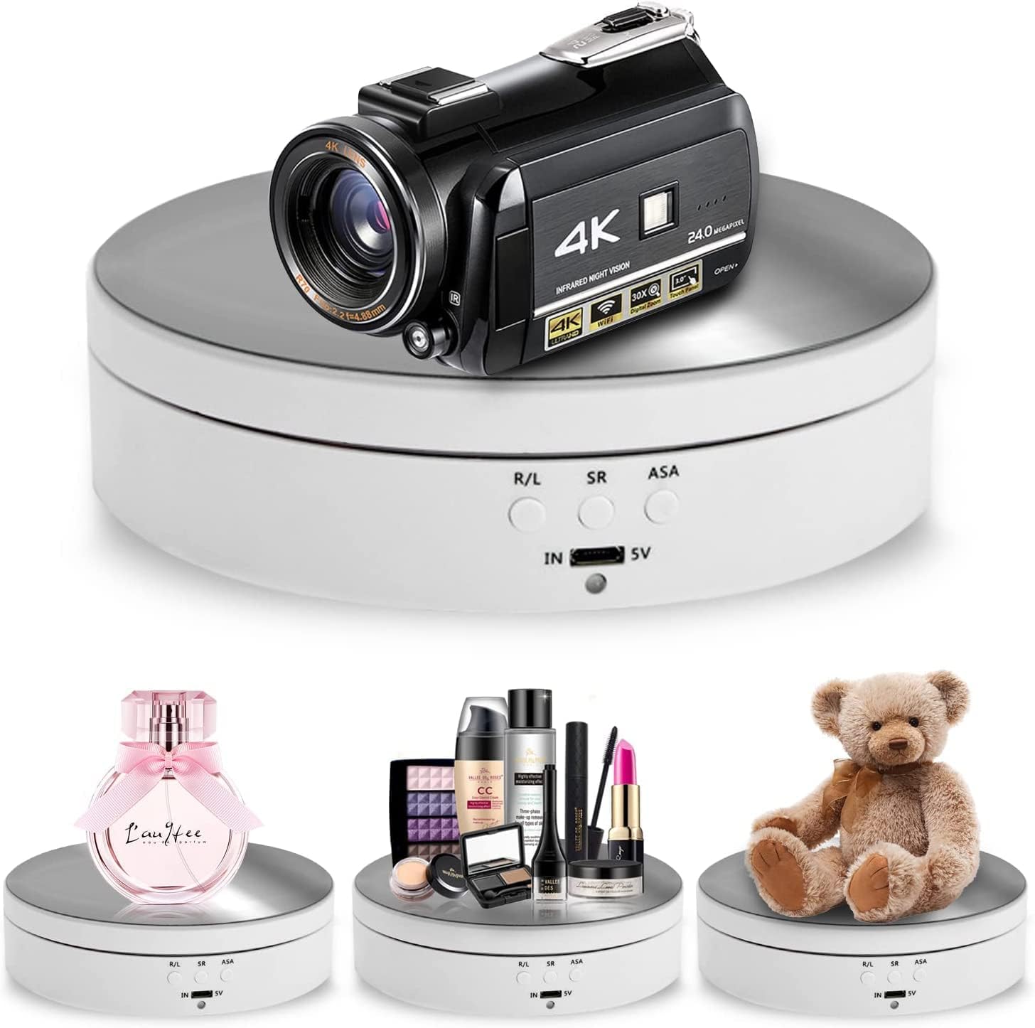 Rotating Display Stand, 360° Motorized Photography Turntable with 1 PVC Background, Max Load 6.6Lb USB Video Show (White)