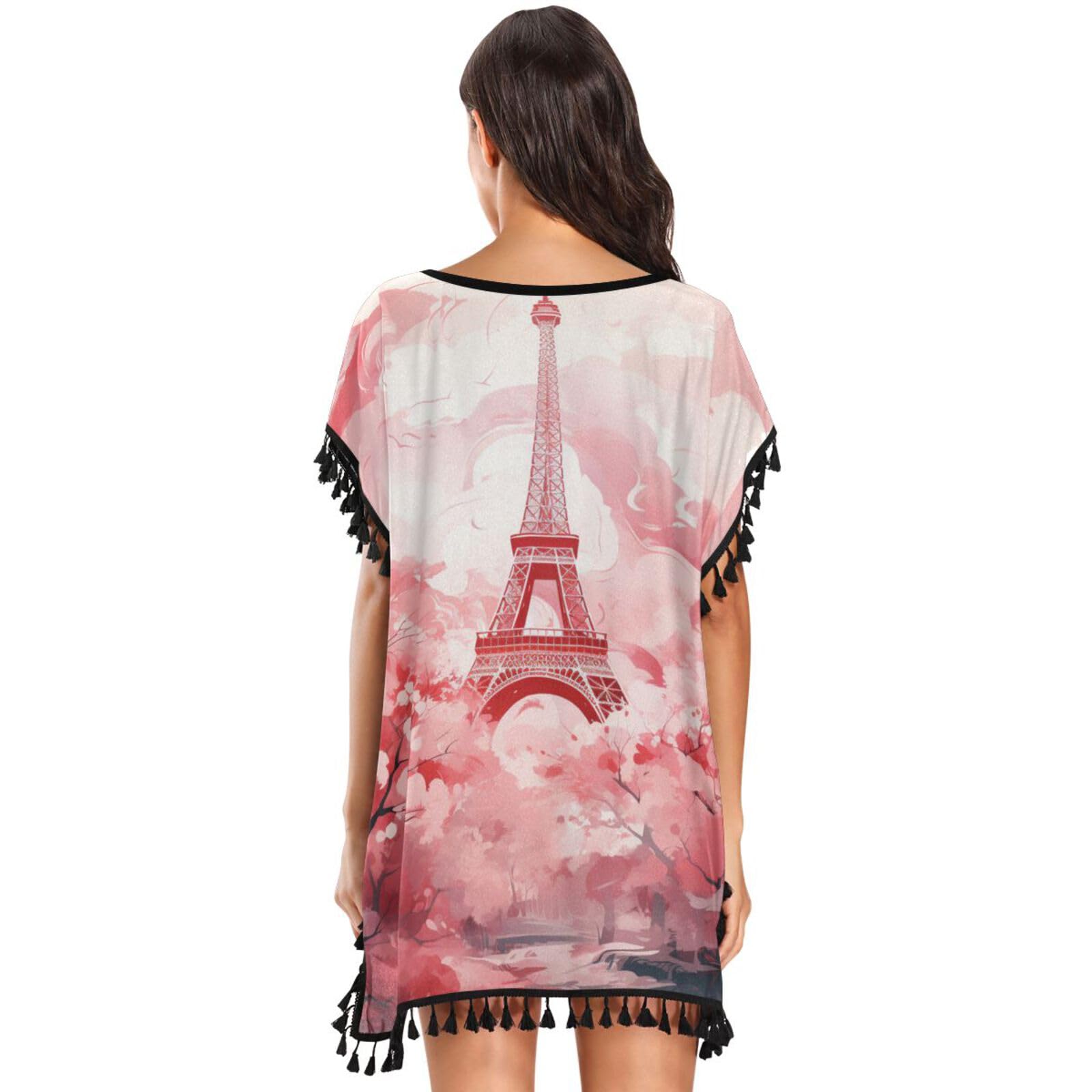 Pink Tower Art Women's Beach Cover Up Chiffon Tassel Swimwear Swimsuit Coverups for Girl