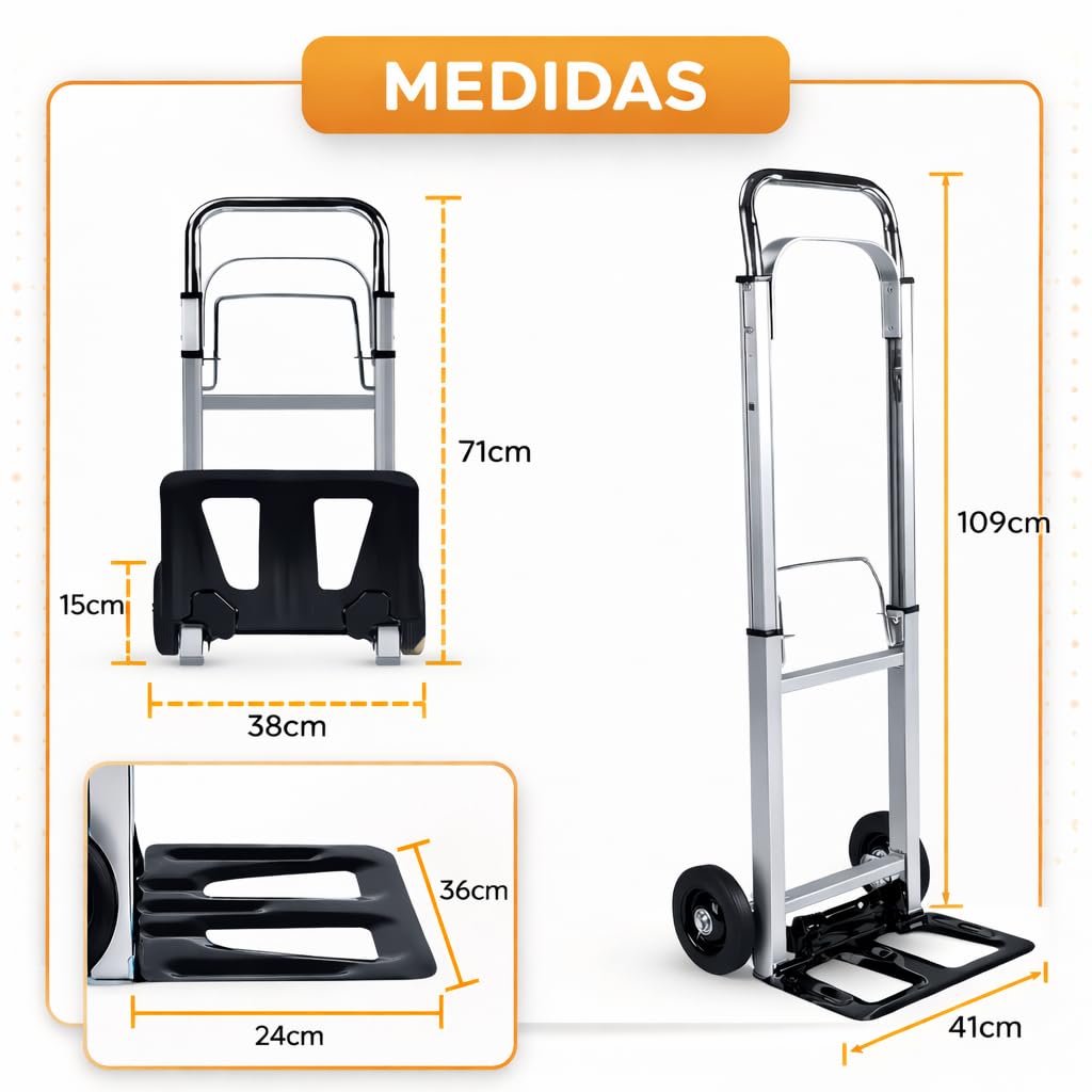 Carretilla de Mano Plegable con Ruedas, Carro de Carga Portátil, Hasta 100kg