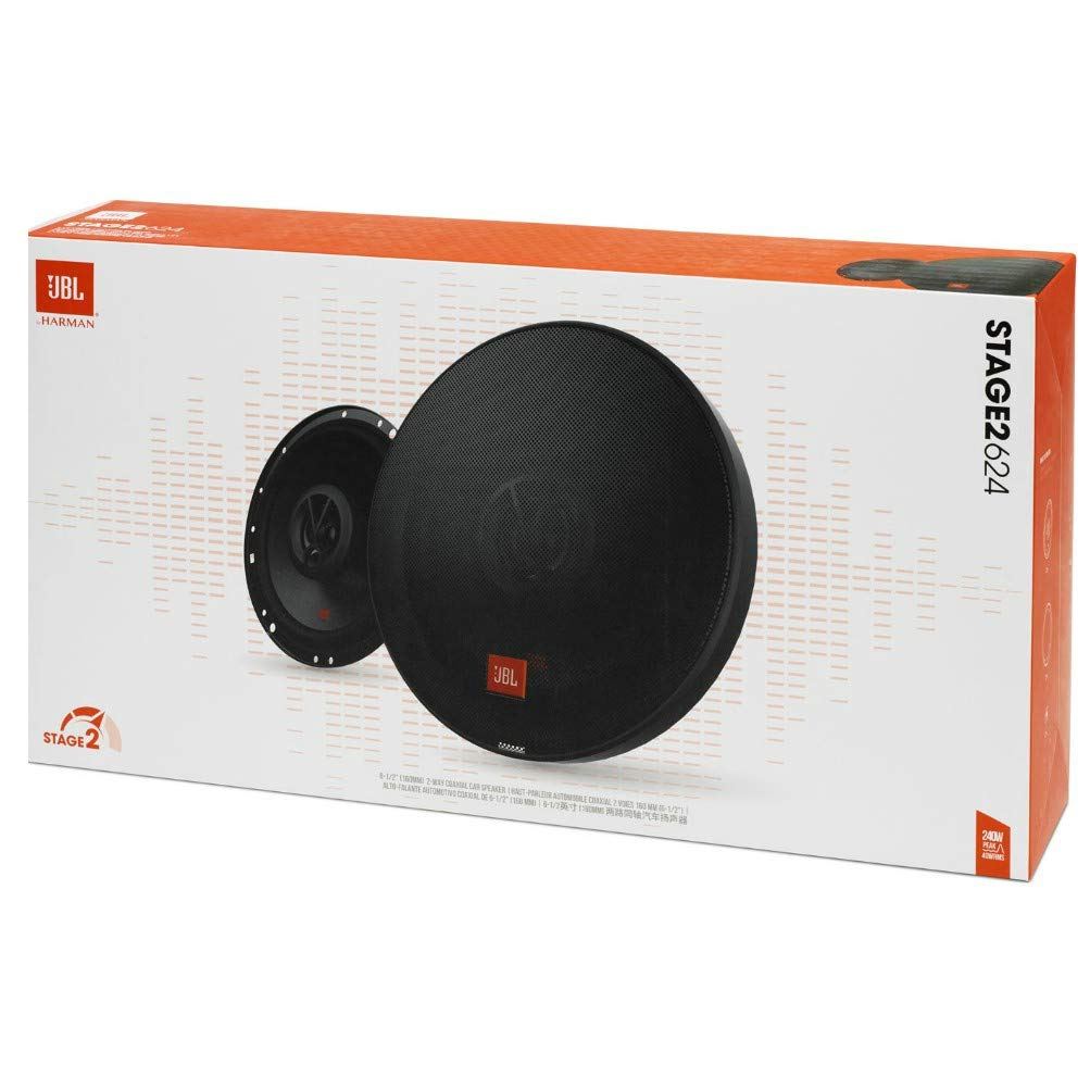 2 Altavoces coaxiales de 2 vías JBL STAGE2 624 6.5" 16.50 cm 165 mm 40 vatios rms 240 vatios impedancia MAX 4 ohmios 91 db para Coche Negro, el par