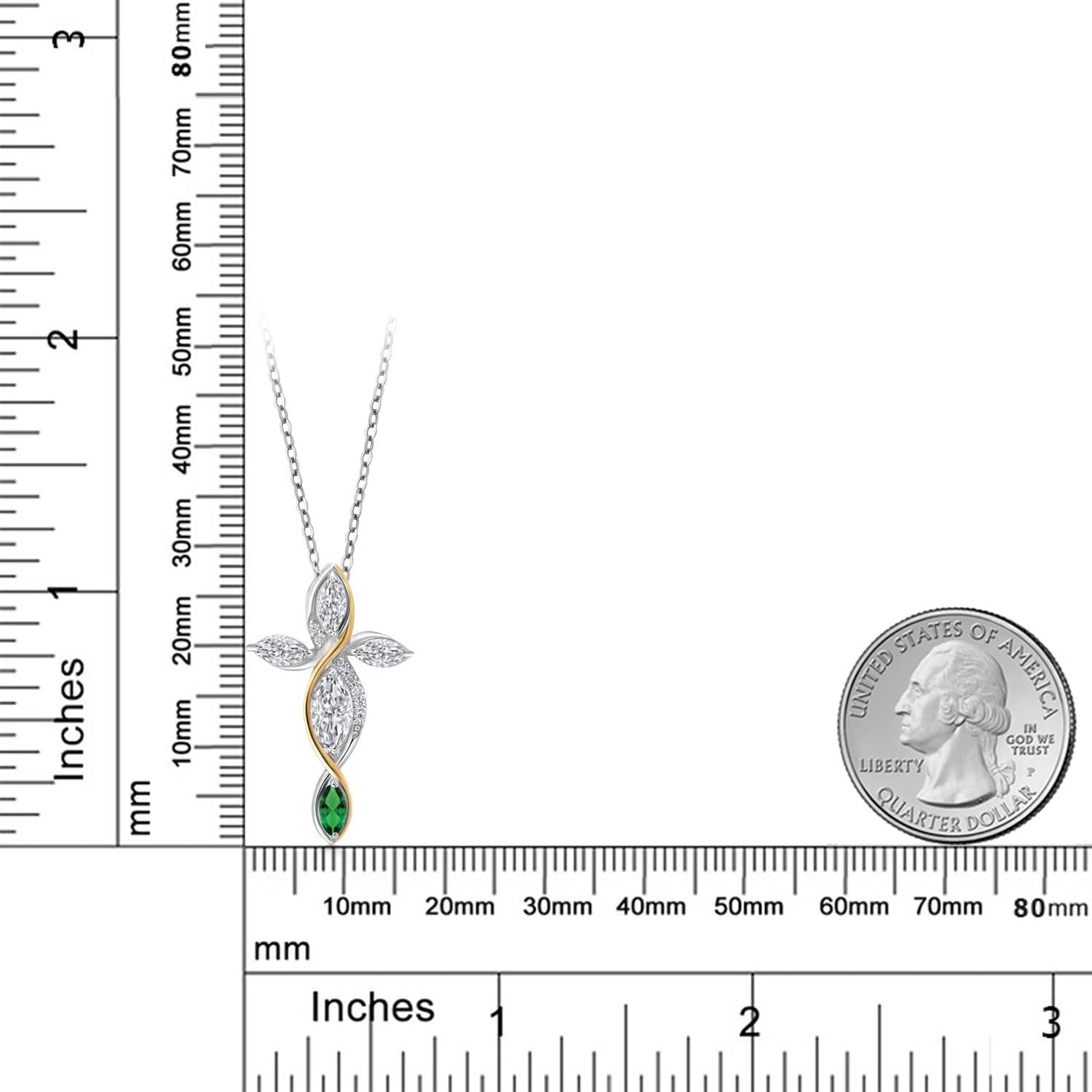 Cross Necklace For Women In 925 Silver and 10K Yellow Gold with Lab Grown Diamond and Green Nano Emerald | 1.26 Cttw | Jesus Christian Religious Crucifix | Marquise Cut 8X4MM | With 18 Inch Chain - Image 2