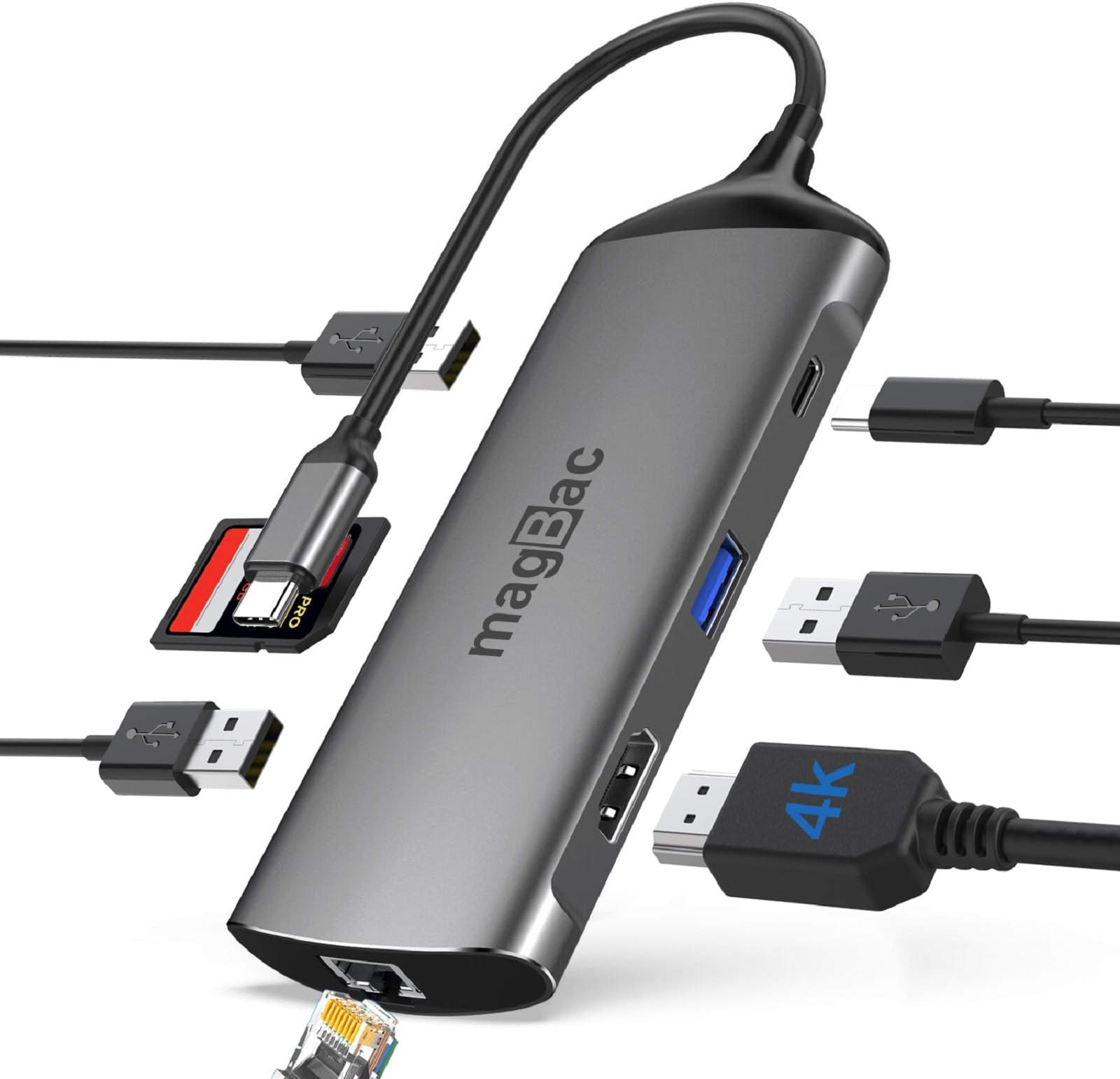 USB C Docking Station, MagBac USB C Hub to HDMI,Gigabit Ethernet, 2 USB 3.0, USB 2.0, SD/TF Card Reader,100W Power Delivery, Portable USB Adapter for MacBook Pro/Type C Laptops