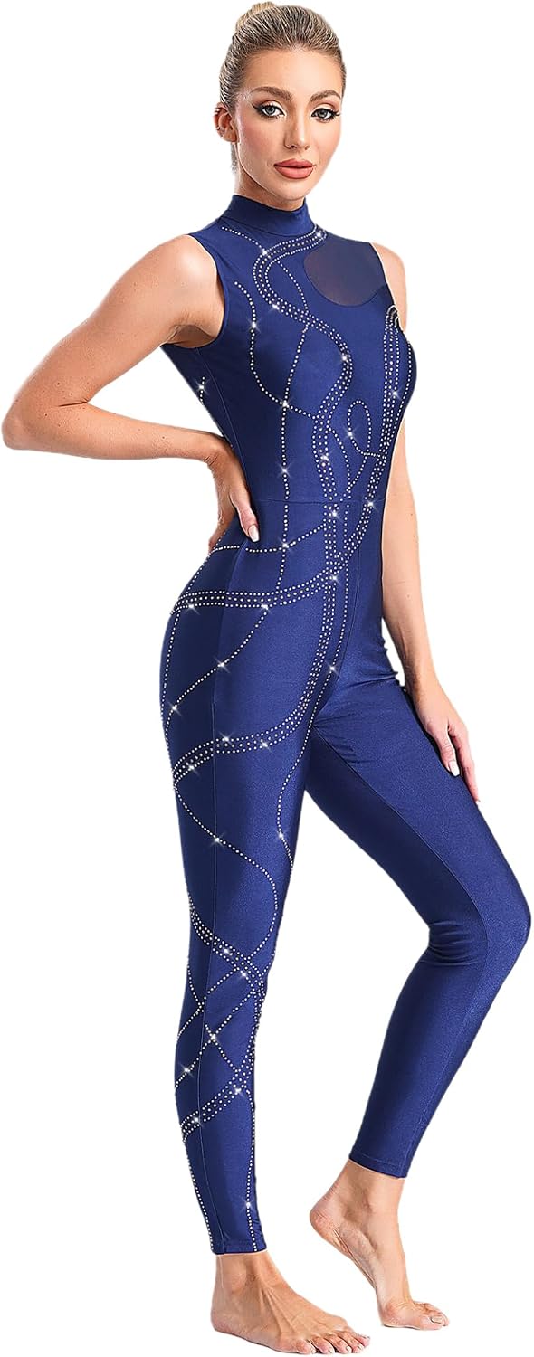 Women Shiny Rhinestones Gymnastics Jumpsuit Figure Ice Skating Leotard Bodysuits Rompers Dancewear