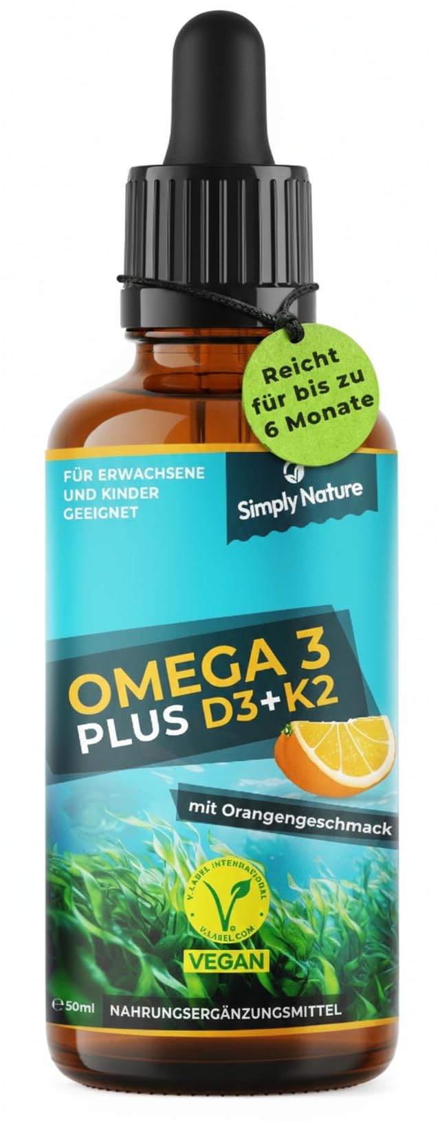 Omega 3 Algenöl PLUS Vitamin D3+K2 MK7 - davon 40% DHA & 20% EPA - mit Orangenöl und Rosmarinextrakt, vegan - Deutsche Qualität - für die ganze Familie Kinder ab 3 Jahren