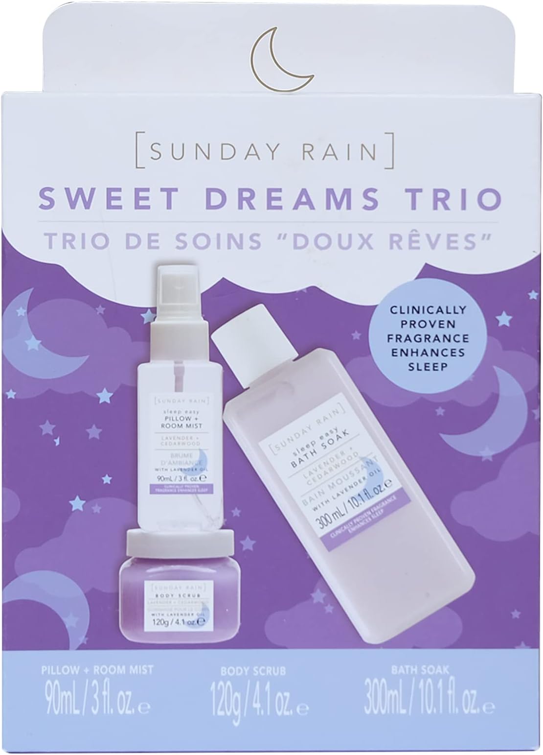 Sunday Rain Sweet Dreams Trio, Vegan and Cruelty Free Pamper Gift Set with Bath Soak, Body Scrub and Sleep Spray, Calming Lavender Scent, 3 Piece